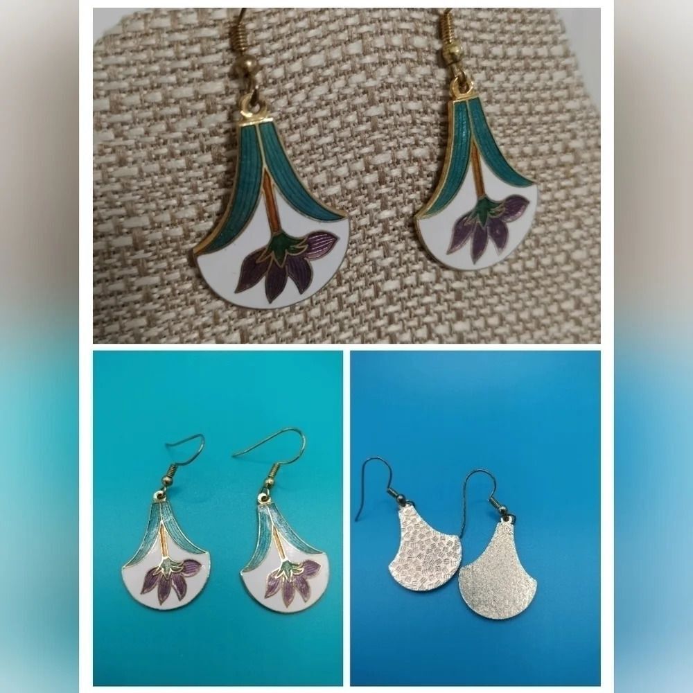 Gold Tone Enamel Green/Teal Purple Locus Flower Dangle Earrings Vintage